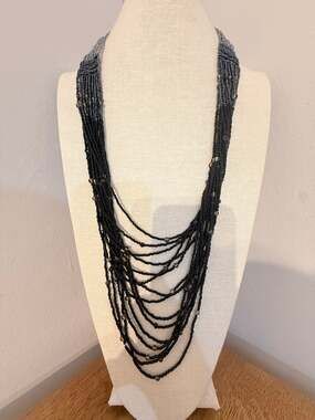 Vintage Black Multi Strand Seed Bead Waterfall Necklace 28”